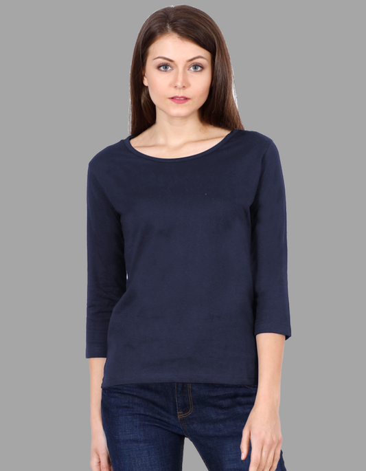 Navy Blue 3/4th Sleeve T-Shirt For Women