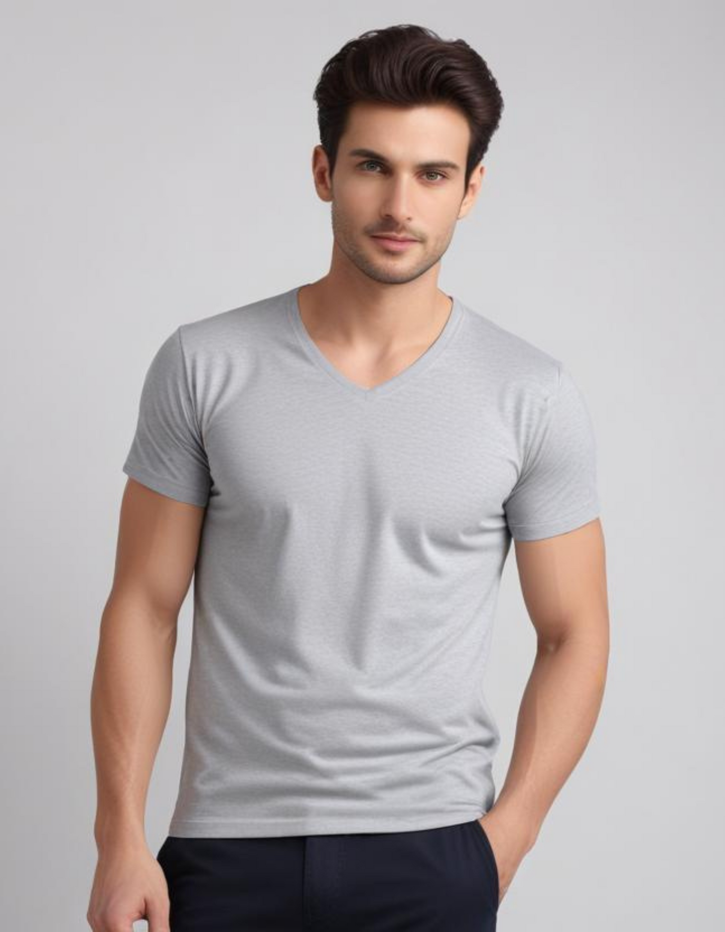 Grey Melange V Neck T-Shirts